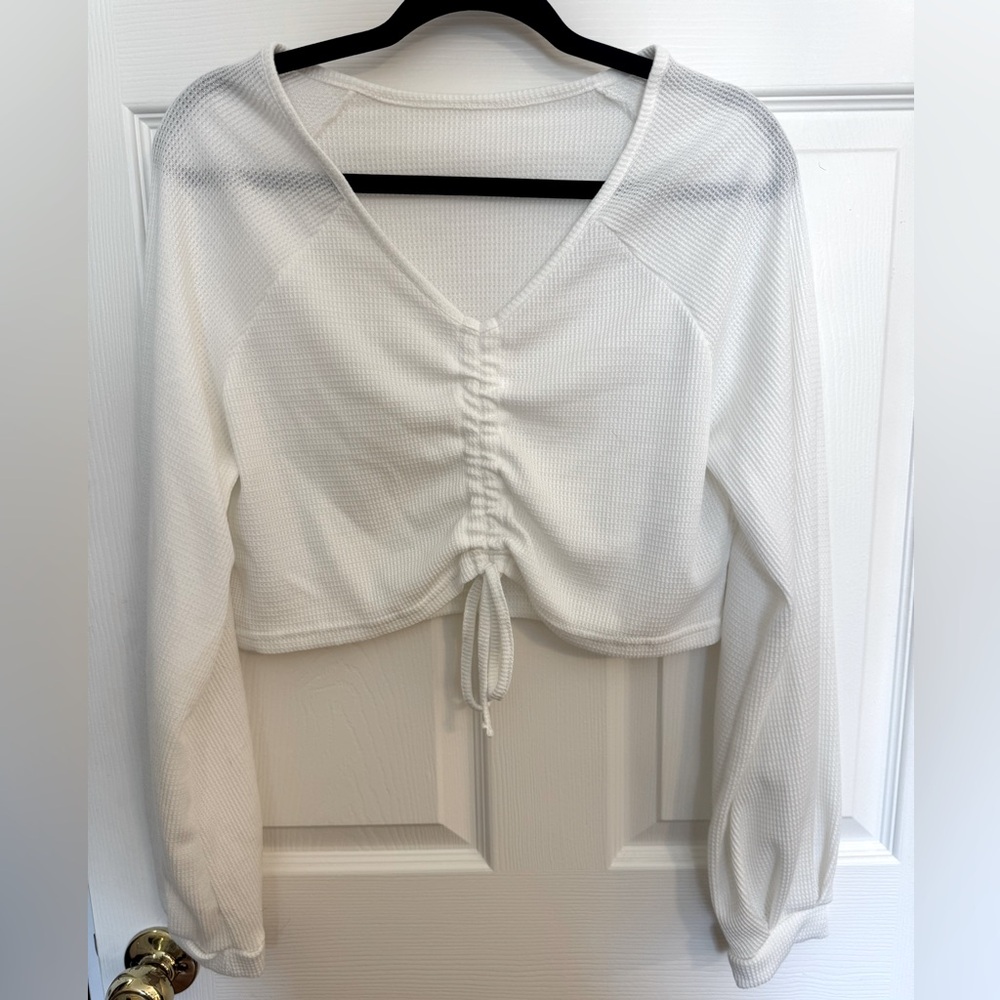 White Ruched V-Neck Women's Top